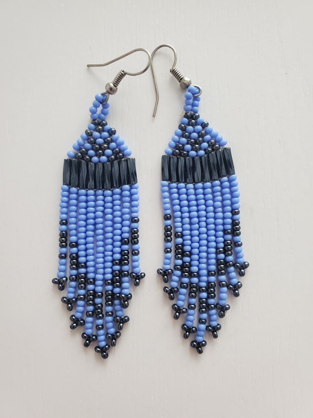 Handcrafted Light Blue and Black Seed Bead Fringe Earrings